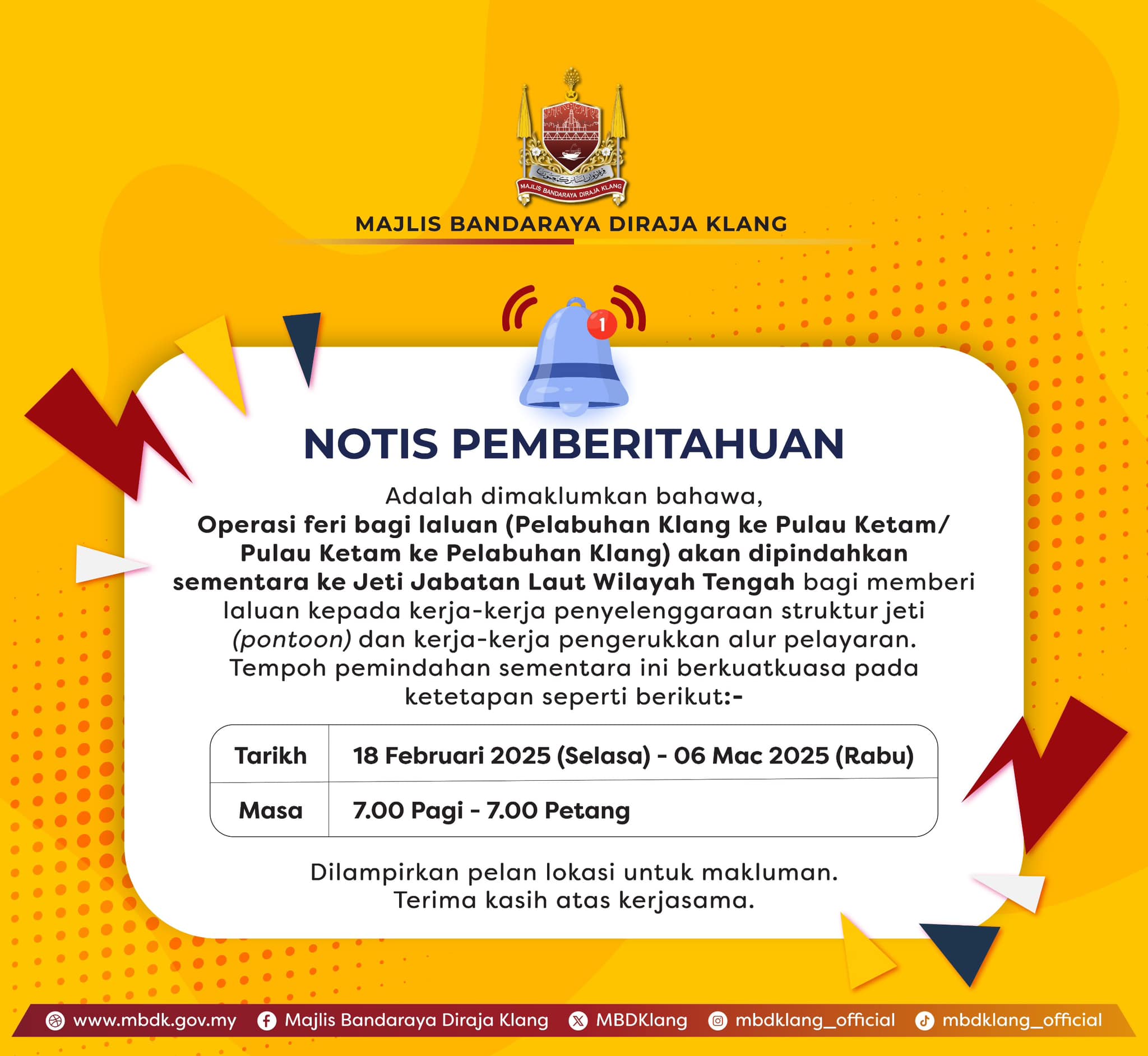 PEMAKLUMAN PEMINDAHAN SEMENTARA OPERASI TERMINAL PENUMPANG SOUTHPORT (PULAU KETAM) KE JETI JABATAN LAUT WILAYAH TENGAH