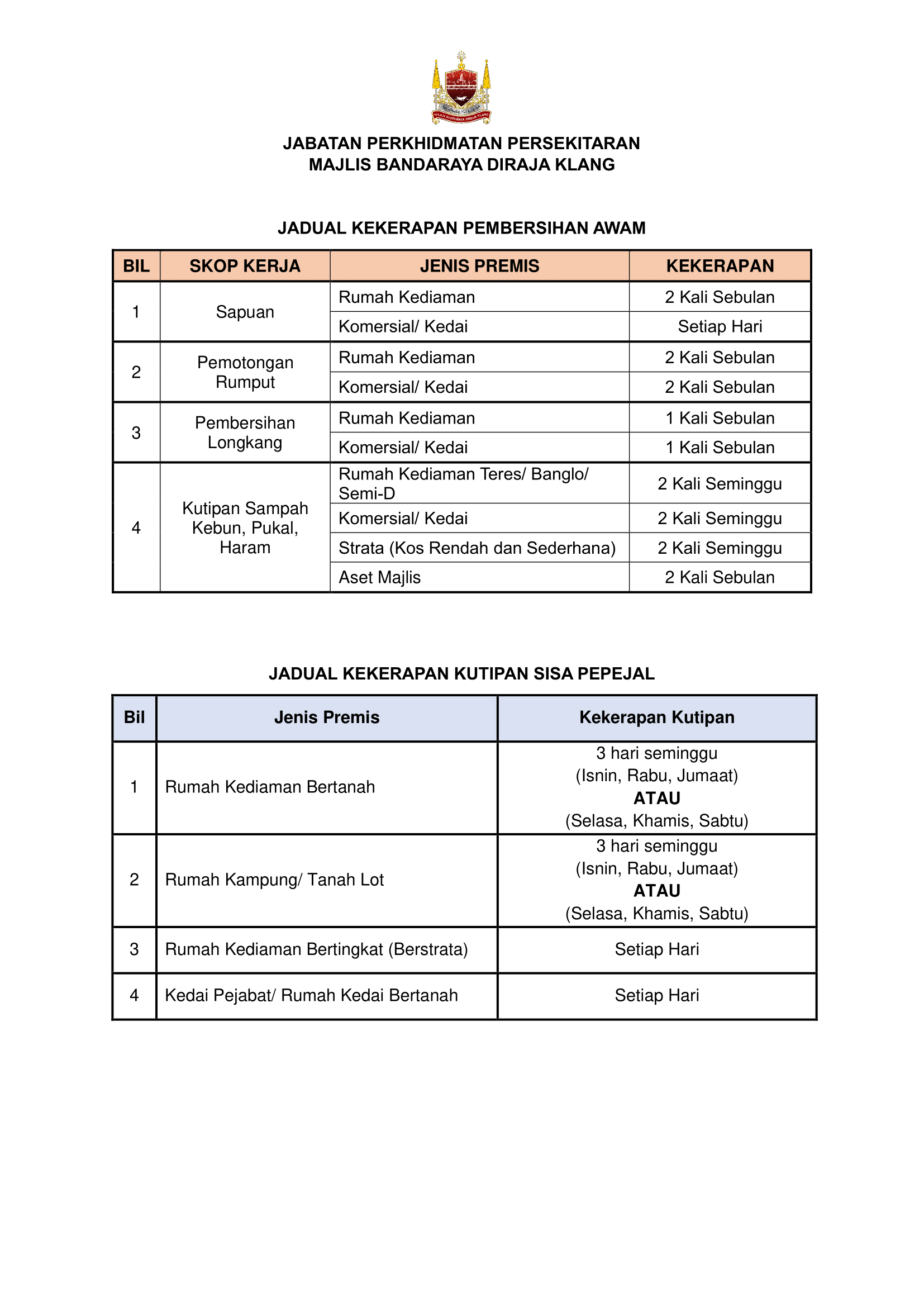 JADUAL KEKERAPAN KUTIPAN SISA PEPEJAL DAN PEMBERSIHAN AWAM