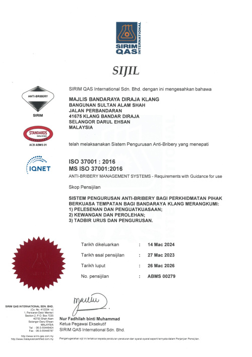 SIJIL BAGI ANTI-BRIBERY MANAGEMENT SYSTEM (ABMS) / SISTEM PENGURUSAN ANTI-RASUAH (SPAR) MS ISO 37001:2016 OLEH SIRIM QAS INTERNATIONAL SDN. BHD.