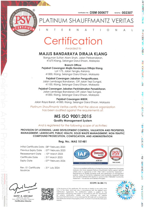  SIJIL BAGI SISTEM PENGURUSAN KUALITI (SPK) MS ISO 9001:2015 OLEH PLATINUM SHAUFFMANTZ VERITAS (PSV)