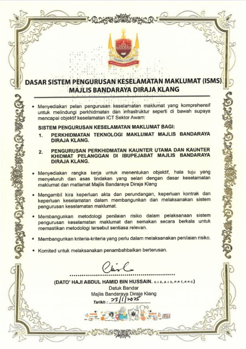 DASAR SISTEM PENGURUSAN KESELAMATAN MAKLUMAT (ISMS) MAJLIS BANDARAYA DIRAJA KLANG