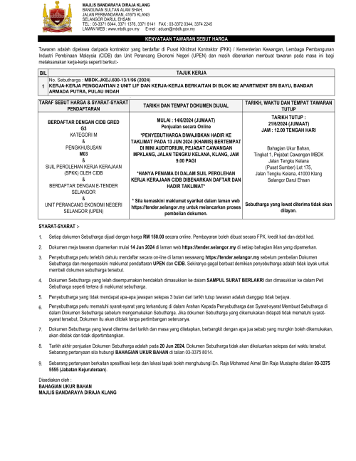 KERJA-KERJA PENGGANTIAN 2 UNIT LIF DAN KERJA-KERJA BERKAITAN DI BLOK M2 APARTMENT SRI BAYU, BANDAR ARMADA PUTRA, PULAU INDAH