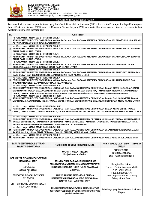 RALAT - PERKHIDMATAN PENYELENGGARAAN KOLAM TADAHAN DAN PADANG REKREASI DI KAWASAN KLANG UTARA